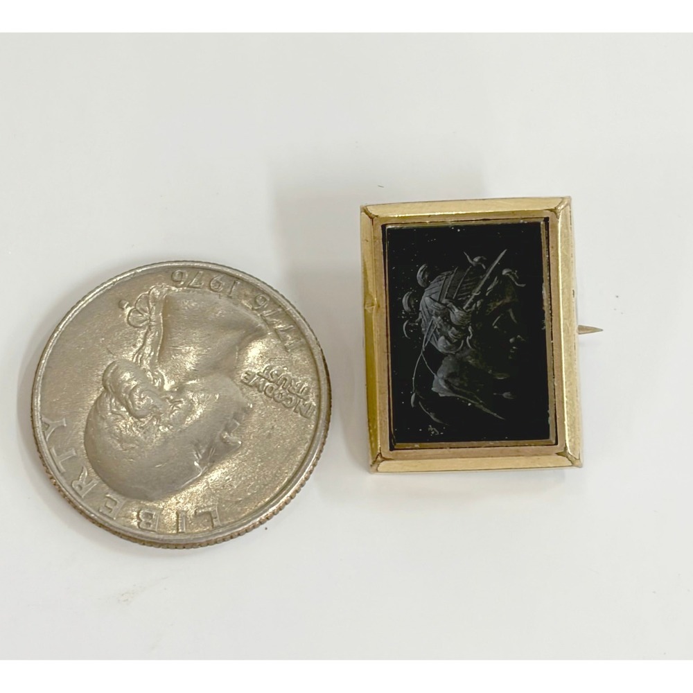 Victorian Antique Onyx Intaglio Brooch Pin Soldier Profile Gold Tone Rectangle